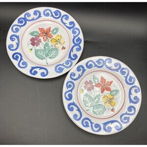 2 Set Ashley Williams Firenze Italy Hand Painted Floral Salad Plates 8 3/4"